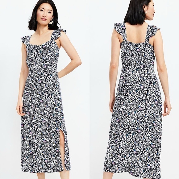 Loft Women’s Size 4 Blue Floral Bird Ruffle Strap Midi Dress Sleeveless Slit - Picture 3 of 15